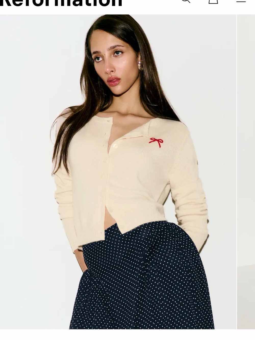 Reformation Clara Cashmere Crew Cardigan- core
— bow embroidery